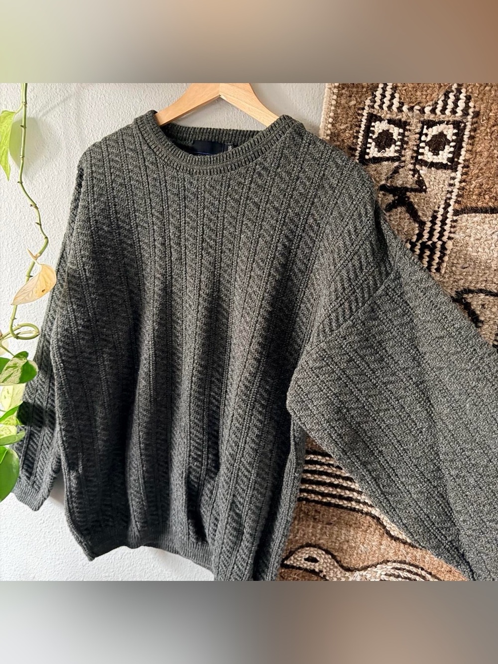 Vintage 90’s khaki cotton cable knit crewneck sweater by Bill Blass, Med